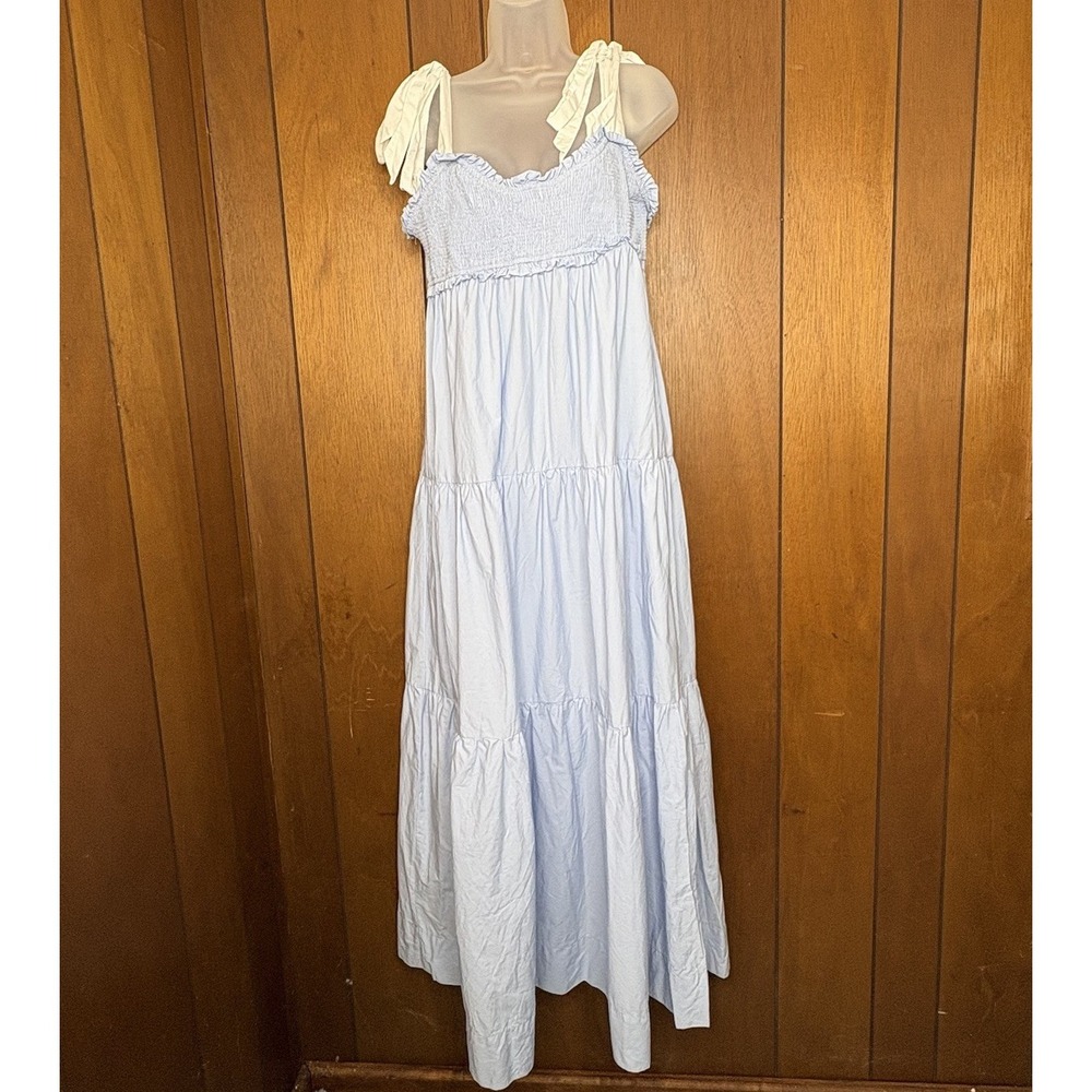 Lalavon Dress Women L Blue Tiered Tie Shoulder Smocked Cottagecore Fairy Prairie